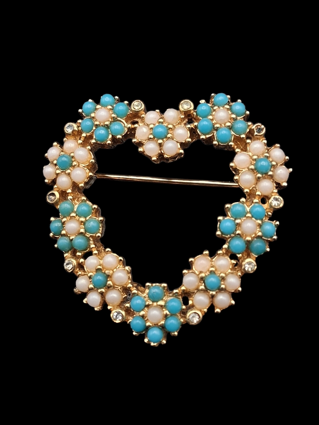 Ciner Signed Gold Tone Heart Brooch Turquoise & Faux Pearl Floral Vintage Pin